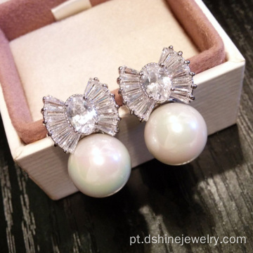 925 prata pérola orelha Studs zircão branco brincos de pérola